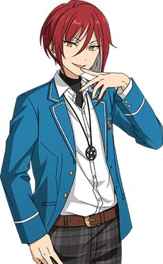 hidaka hokuto from ensemble stars! is posing with a mischievous smile. he's wearing the trickstar unit outfit, which is a blue blazer over a white buttondown and a black tie. he also has plaid pants and a pentagram necklace.