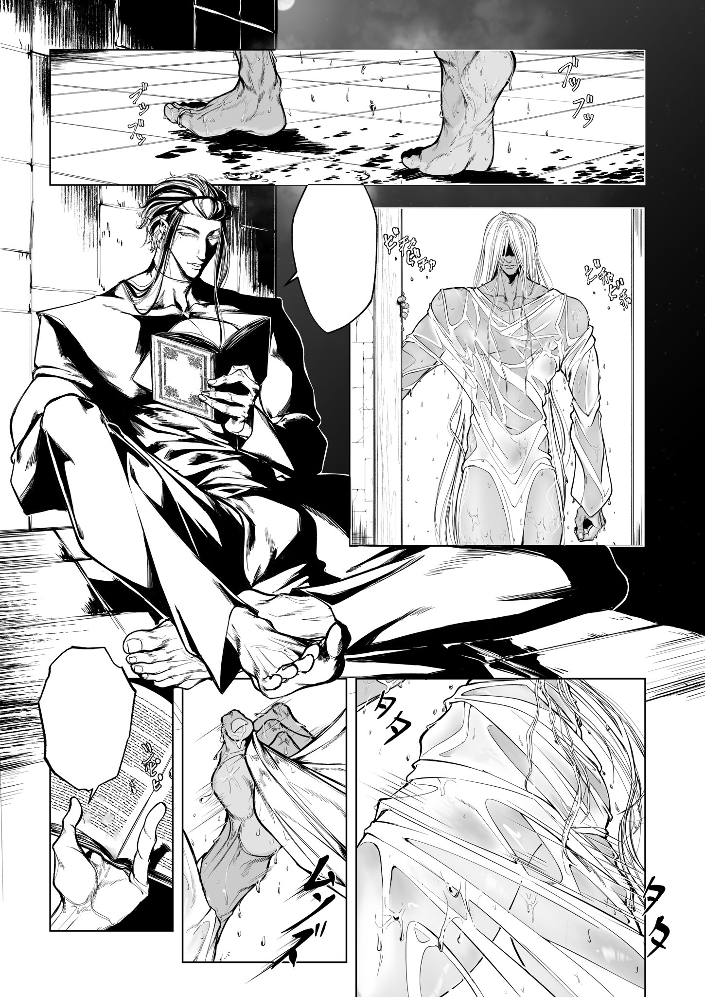 a black and white manga panel with two panels of text boxes and three separate panels of illustrations. the first panel shows two figures in a hallway with a light coming in from a window on the left. the first figure is a tall man with long, dark hair and a beard. he is wearing a long coat and is looking at the camera. the second figure is a woman with short, black hair. she is wearing a dress and is looking at the camera. the second panel is of a figure sitting in a room with a book in their hand. the figure has short hair and a long coat. the third panel shows a man in what looks like an old medieval interior with a window and door. the man is dressed in a coat and pants, and is standing in the center of the room with his arms out, as if in an embrace. the man is looking off to the side, as if in contemplation or sadness.