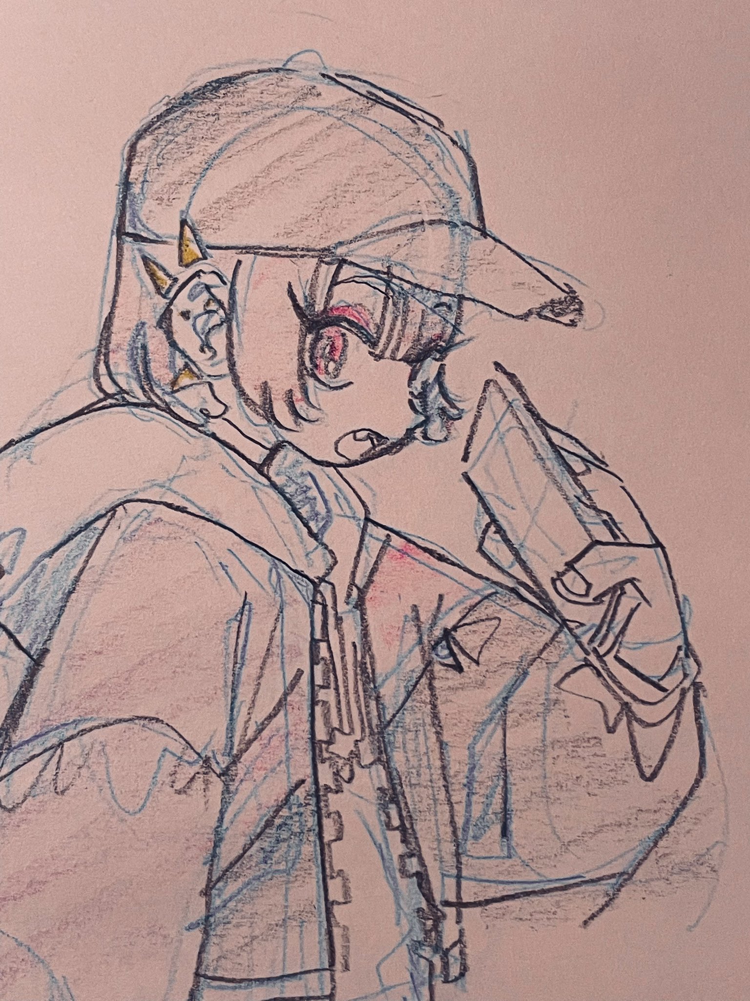 this is an unfinished colored pencil sketch of an anime girl wearing a cap and a jacket. she has short pink hair, and she is looking to the left with an annoyed expression. she is holding something in her right hand, but it is not clear what it is.