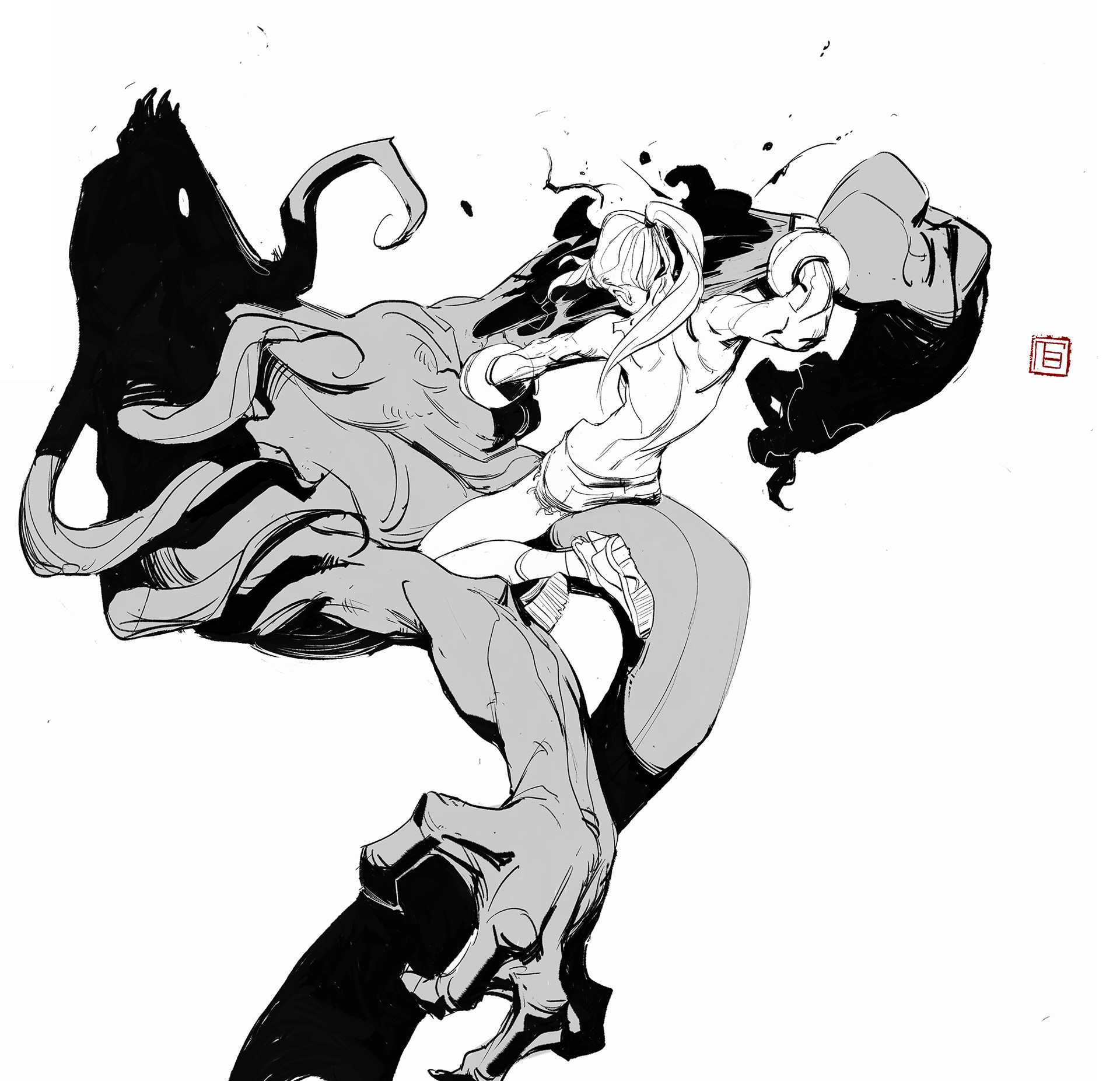 the image is a dynamic black and white ink illustration depicting a young woman in a fighting stance, seemingly grappling with a large, amorphous, shadowy monster. the woman is drawn with sharp lines and details, showcasing her athletic build and determined expression. the monster is more abstract and rendered with darker inks and flowing lines, emphasizing its ethereal and monstrous nature. the composition is energetic and dramatic, capturing a sense of movement and struggle. the style is reminiscent of manga or anime, with a strong emphasis on linework and contrast. the artwork has a powerful and expressive quality, conveying a sense of action and intensity.  a small, red square stamp is visible in the upper right corner, likely an artist's mark.