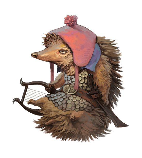 a stylized anthropomorphic hedgehog dressed as a medieval bard wearing scale armor and a pink hat with a pompom. he holds a lyre in his hands, and a sword is strapped to his back. the image is a fantasy illustration.