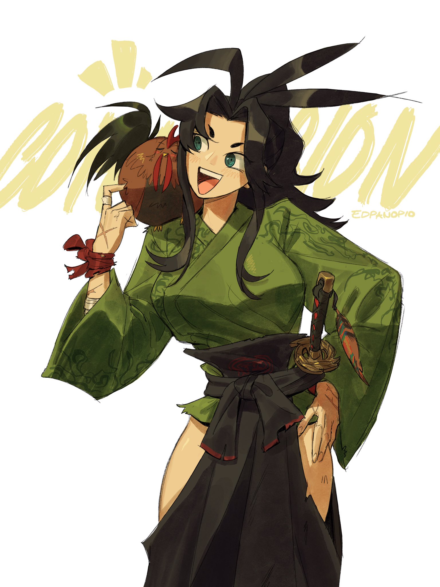 the image is a digital painting or illustration of a stylized female anime/manga character. she has dark, spiky hair and is dressed in a green kimonostyle top and a black hakamalike skirt.  she holds a rooster or chicken on her shoulder and a katana is partially visible at her hip. the character has a vibrant, expressive face, displaying a confident and almost mischievous smile. the style is dynamic and colorful, incorporating elements of east asian aesthetics. the background features stylized sunlike imagery and the artist's signature is visible. the overall mood is energetic and bold.