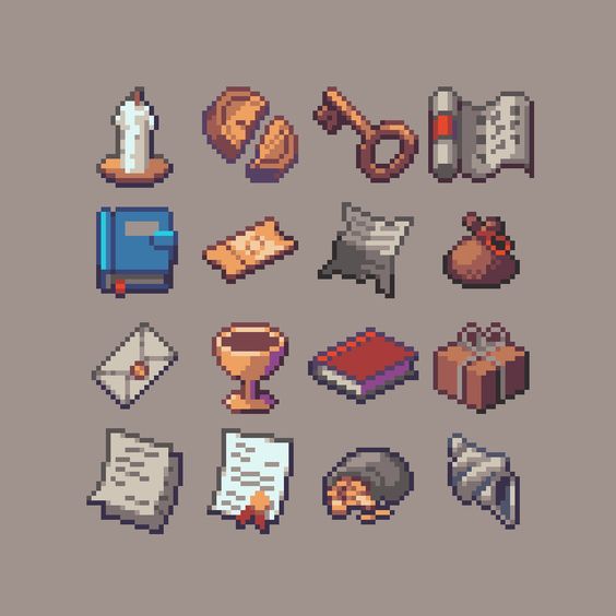 a set of 16 pixel art icons with a medieval fantasy theme. the icons depict common fantasy game assets like a candle, book, key, scroll, potion, chest, letter, map, diary, note, gift, shell, coin, and chalice.  they are set against a light taupe background.