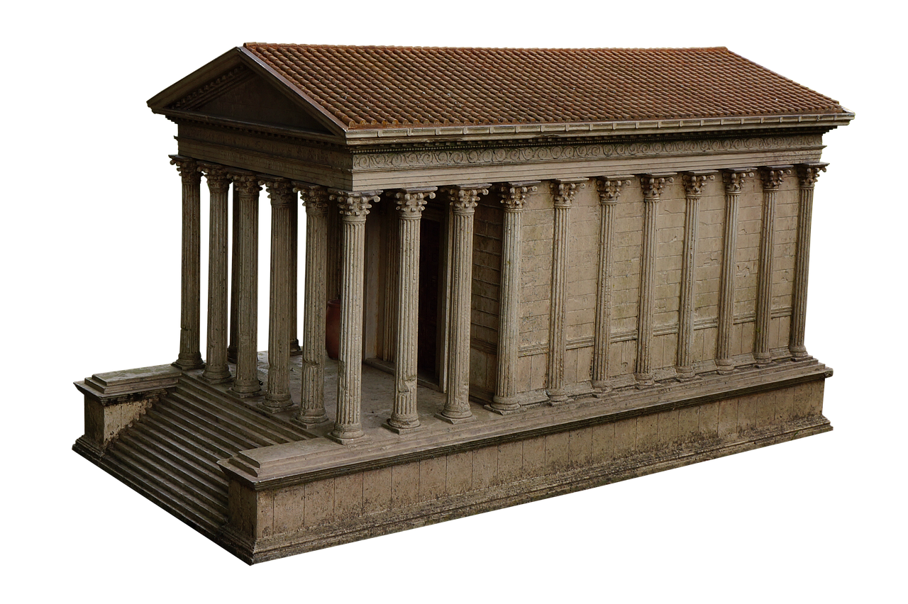 the image shows a detailed architectural model of a classical temple, possibly roman. the temple has a rectangular structure with a prominent facade featuring numerous columns with corinthian capitals. a set of stairs leads up to the entrance. the roof is tiled in a reddishbrown color. the model is constructed with great attention to detail, replicating the appearance of ancient stone architecture. the background is black, which isolates the model and emphasizes its form.