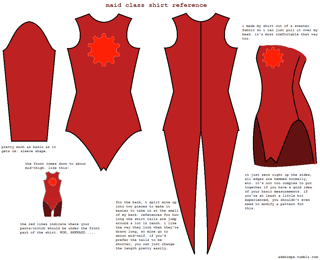 the image is a sewing pattern reference for a maid class shirt. it shows the design for the front and back of the shirt, including sleeve patterns and details about the shirt tails. the pattern suggests using sweater fabric and provides instructions for assembling the garment. it is a reference for costume design or cosplay.