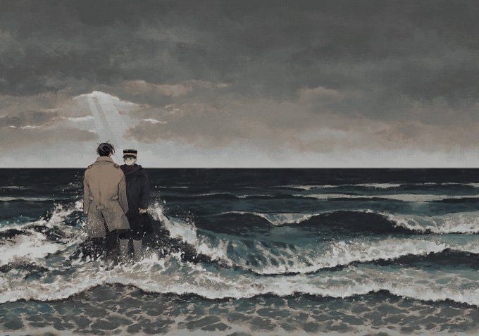 two men stand in the ocean waves looking out at the horizon under a cloudy overcast sky with a light beam shining through the clouds. they are both wearing outerwear and hats. the ocean has waves and white caps. the overall tone is somber and atmospheric.