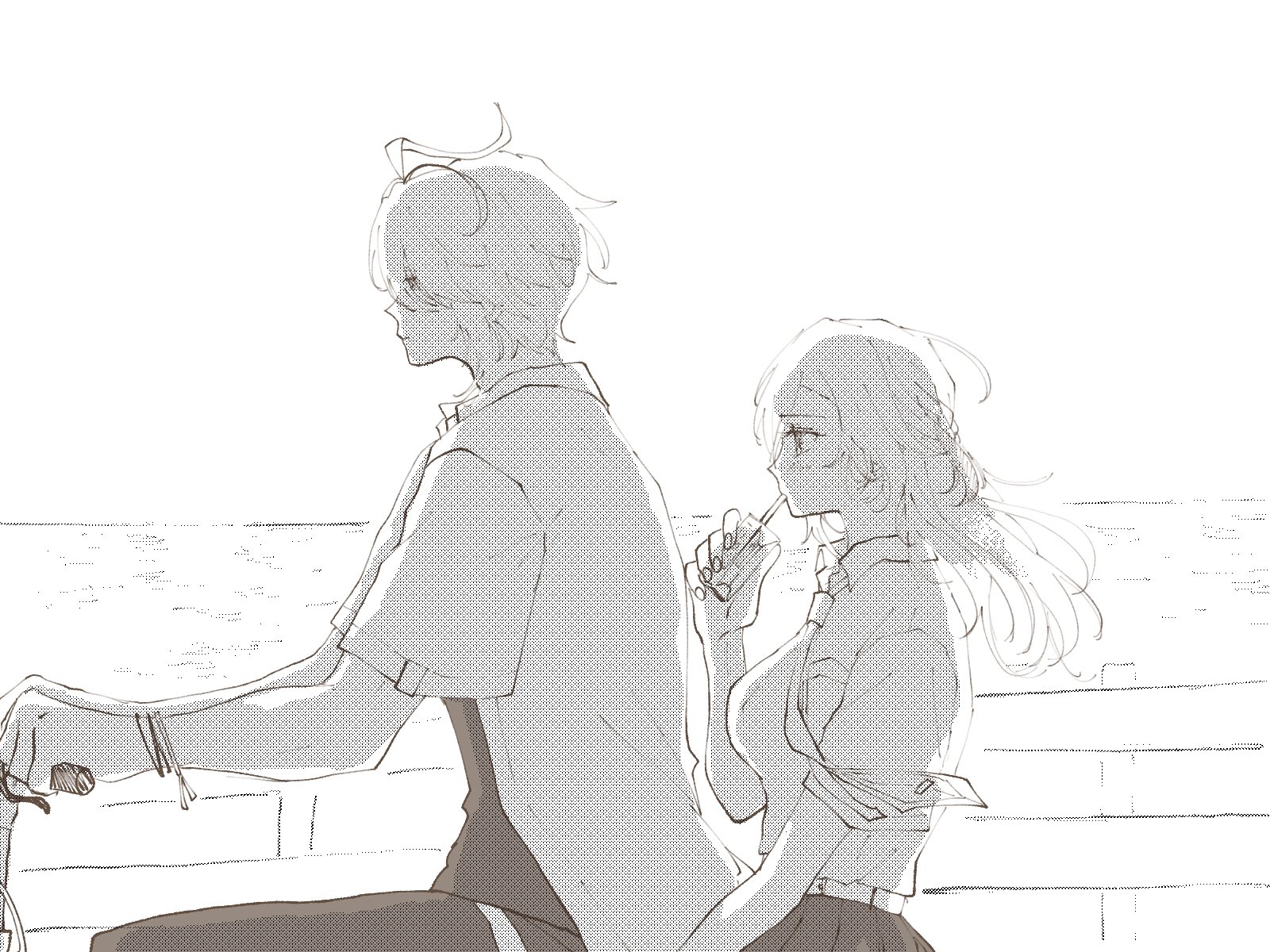 a black and white illustration of an anime couple. the girl is sitting on a motorcycle and holding a drink, while the boy is standing next to her with his arm around her. they are looking at each other and smiling. they are both wearing casual clothes. there is a fence and grass in the background. the style is simple and sweet. the illustration is done in a manga style.