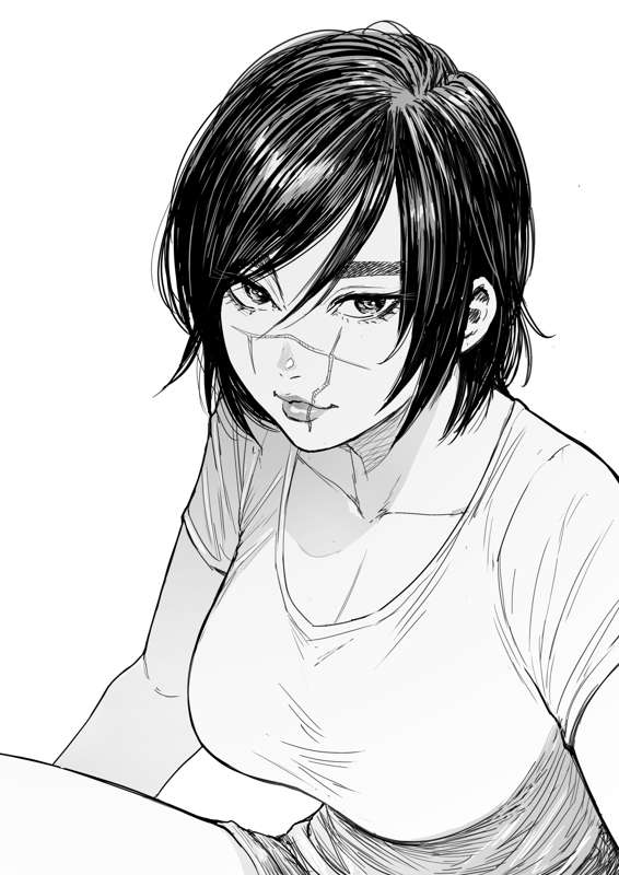 a closeup drawing of a woman's face, seemingly from an anime or manga. she has long, black hair and is wearing a white tank top. her face has scars running across it, suggesting she has been through some sort of trauma. she is looking at the camera with a thoughtful expression.