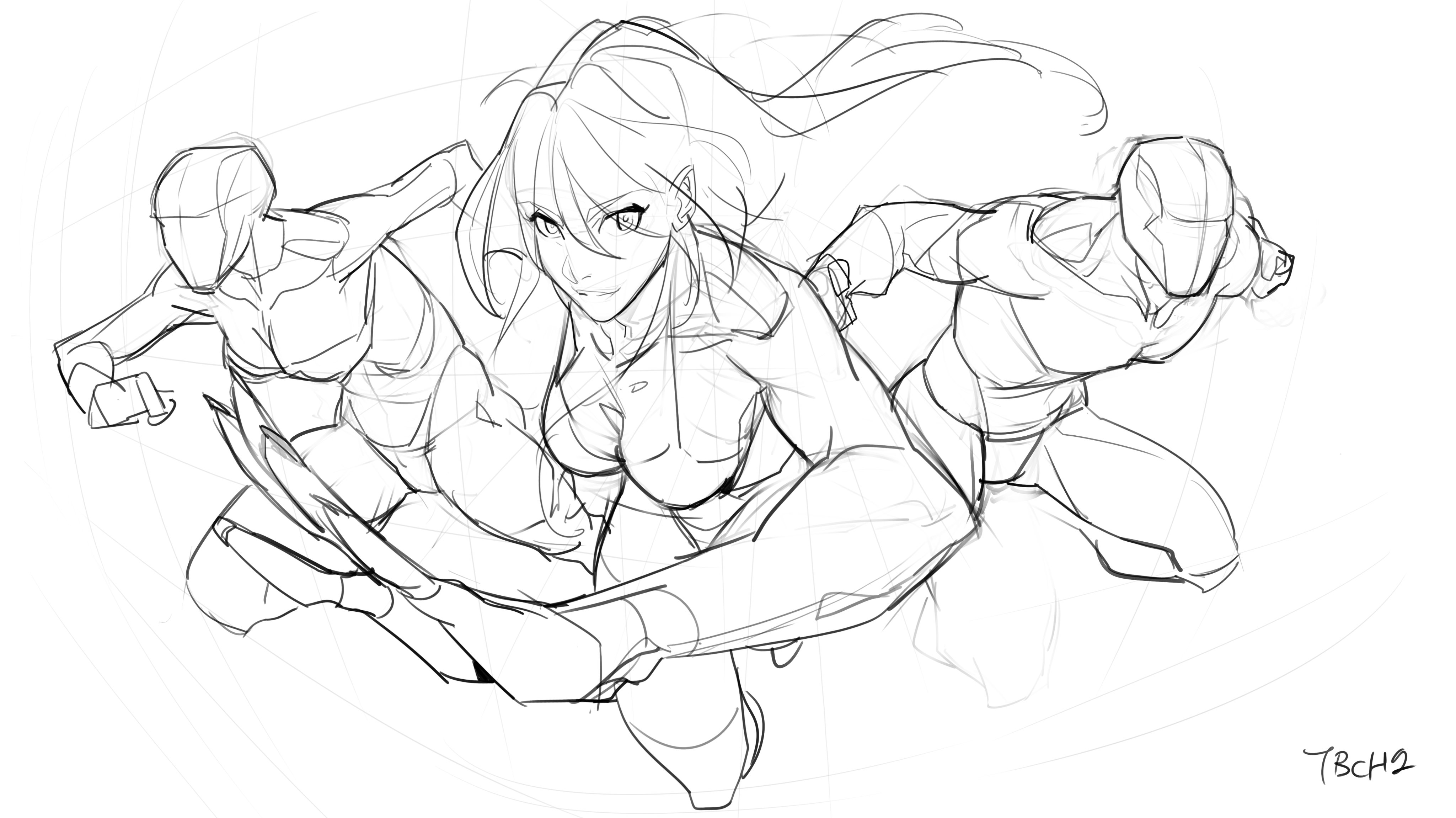 the image is a dynamic pencil sketch or digital drawing featuring a central female character in a powerful, actionoriented pose.  she's flanked by two male figures, also depicted in dynamic action poses, suggesting a scene of combat or intense movement.  the style is reminiscent of manga or anime, with fluid lines and an emphasis on conveying energy and motion.  the figures are not fully rendered but are sketched in a way that suggests anatomy and movement, possibly as preliminary work for a more finished piece. light construction lines are visible, indicating the artist's process. the overall composition is visually exciting and actionpacked.