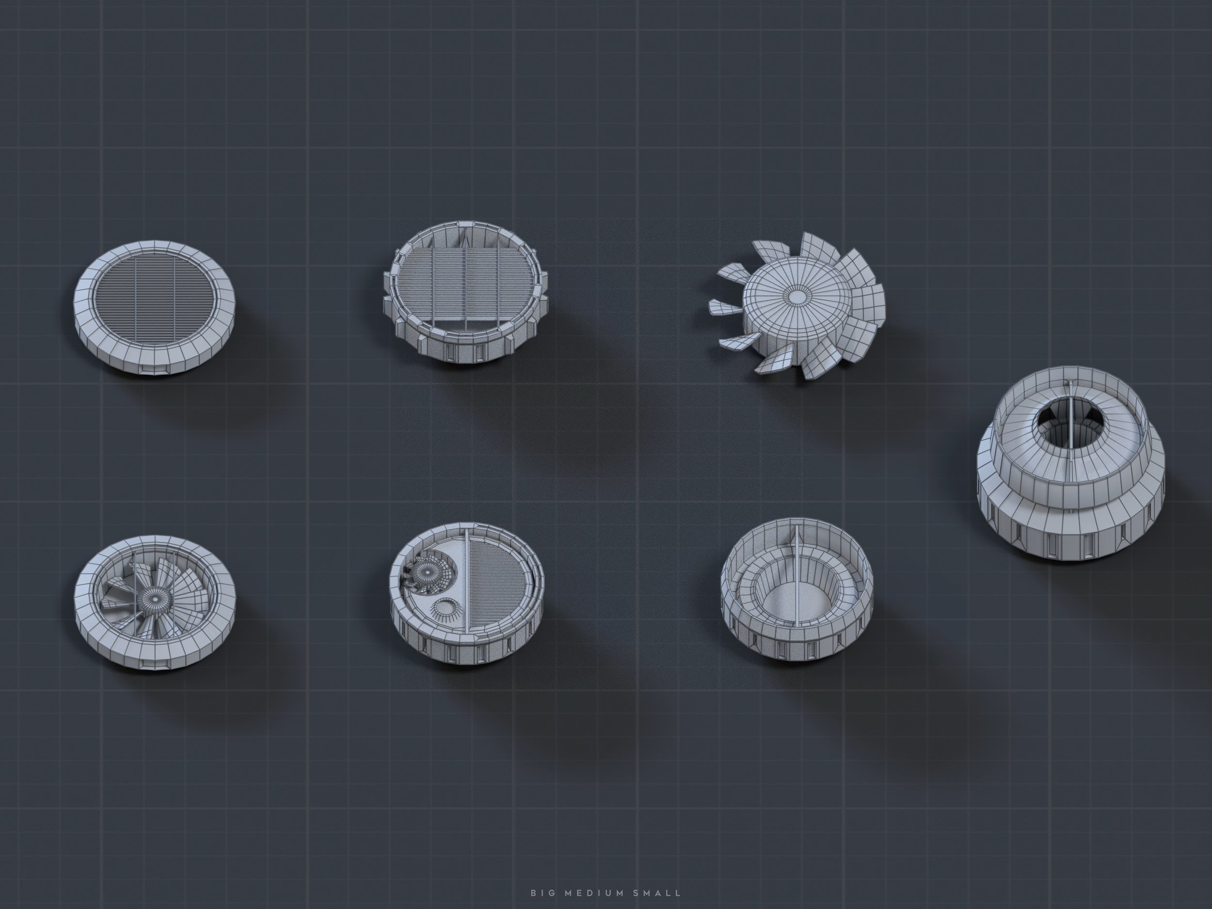 the image shows a topdown, isometric view of eight different 3drendered mechanical components in wireframe format against a dark gray grid background. the components are arranged seemingly randomly, and vary in size and design.  some appear to be ventilation components (fans), others may relate to solar power technology (solar panel designs). the size variation is indicated with a caption "big medium small" at the bottom. the overall style suggests a technical drawing or cad render showcasing different design iterations or variations of related parts.