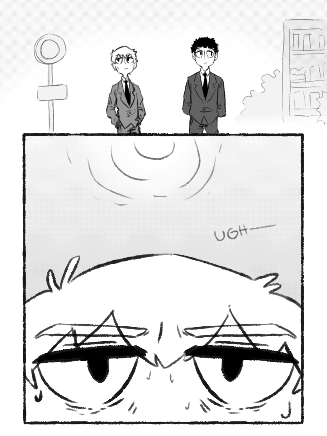 the image is a black and white comic panel. in the top panel, two men in suits stand at a bus stop. the bottom panel is a close up on another character's face. the character is drawn in a more cartoonish style and appears bored or annoyed, with sweat dripping down their face. they are looking upwards, presumably at the two men. there are circular lines emanating from above the character's head, possibly indicating sound or a ringing in their ears.