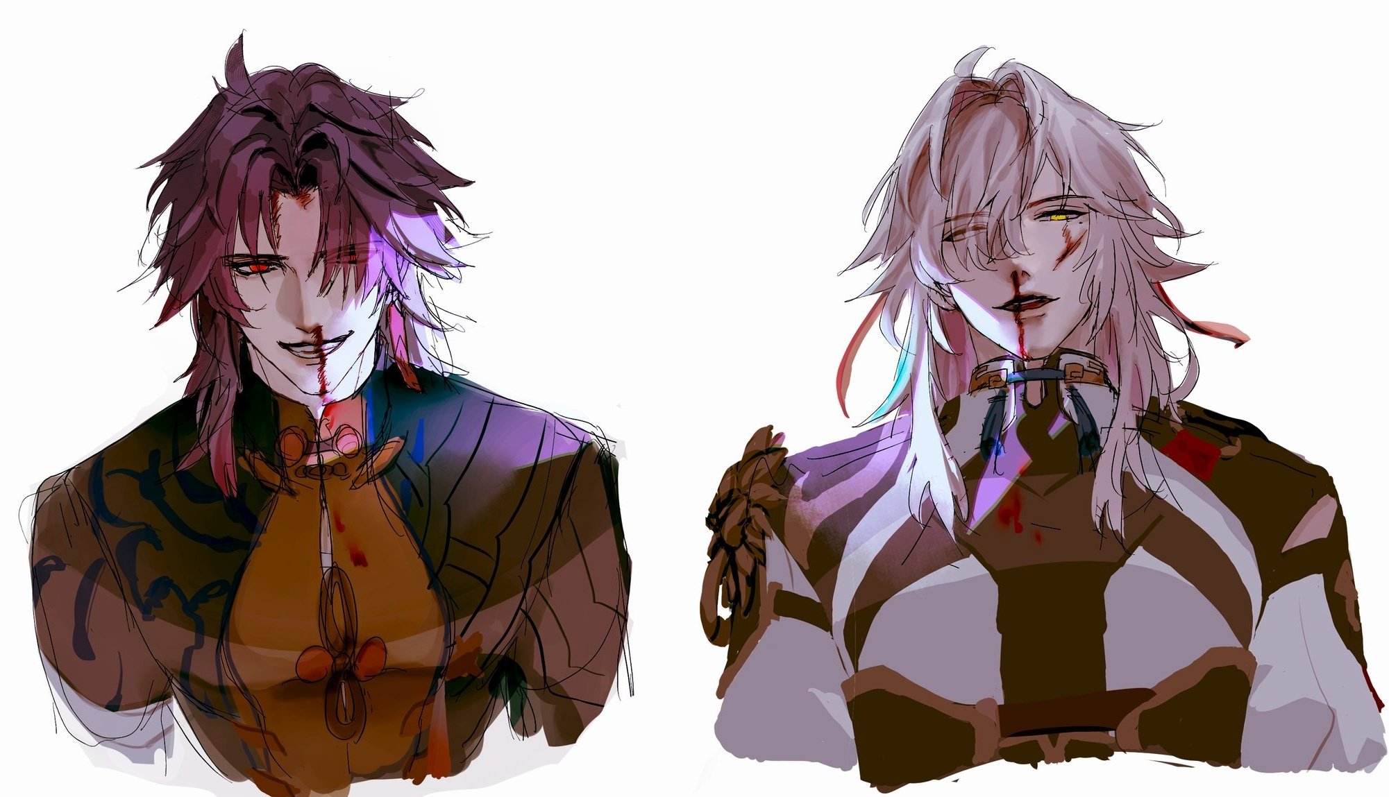 the image depicts two male anime characters. both characters are drawn with detailed features, including their clothing, hair, and eyes. the character on the left has purple hair and is wearing a dark colored garment with floral embroidery. the character on the right has long white hair and is wearing a white garment with a black collar. both characters have visible blood on their faces and clothing, suggesting that they have been wounded. the image is rendered with a light and airy style, using soft shadows and bright colours.  the characters are depicted in a dramatic and emotional way, with their expressions conveying a sense of pain and suffering.