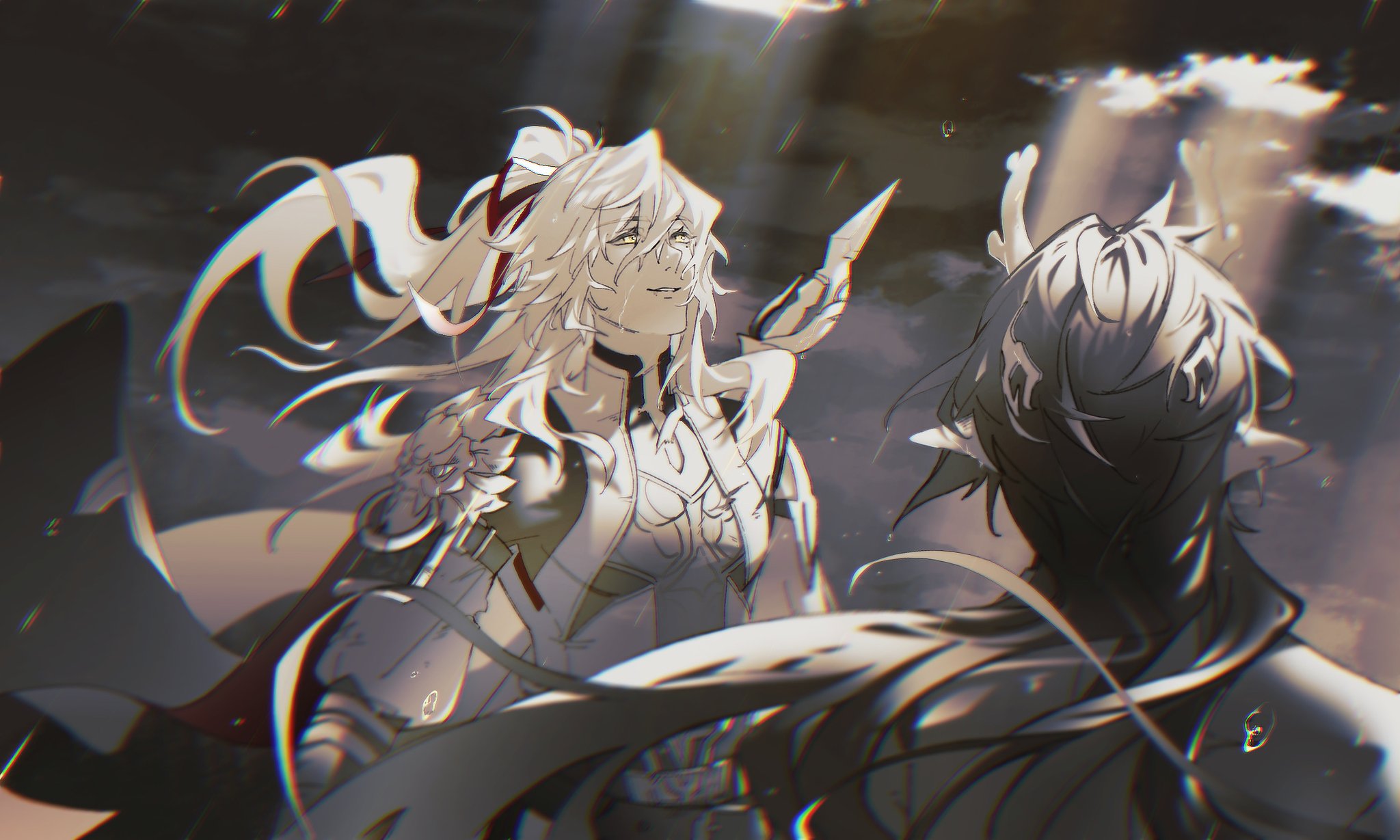 the image depicts two anime characters in a dramatic and mysterious setting. the character in the foreground is a male with black hair and dark clothing, while the character in the background is a female with white hair and a white dress. they are both looking up towards the sky, which is filled with rain and clouds. the atmosphere is filled with emotion and tension, suggesting a complex relationship between the two characters.