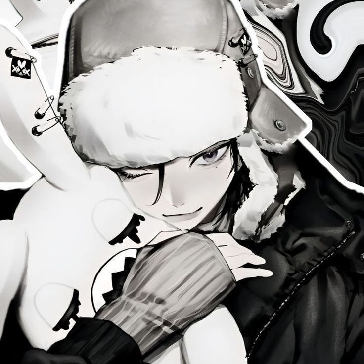 the image is a stylized monochrome animestyle portrait of a young woman. she's wearing a thick, fluffy ushanka hat, a dark jacket, and gloves.  she's winking and has a subtle smile, creating a slightly mischievous expression. she's holding a white plush bunny or rabbit toy close to her.  the background features distorted, abstract shapes, adding to the image's edgy aesthetic. the overall style is dark, cool, and fashionable.