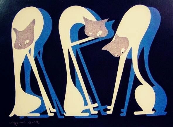 the image is a stylized illustration of three elongated cats in shades of white, lavender, and blue, with a dark blue background. the cats are standing, with elongated necks and bodies, and each has a blue shadow slightly offset to the side. they have a somewhat abstract design.