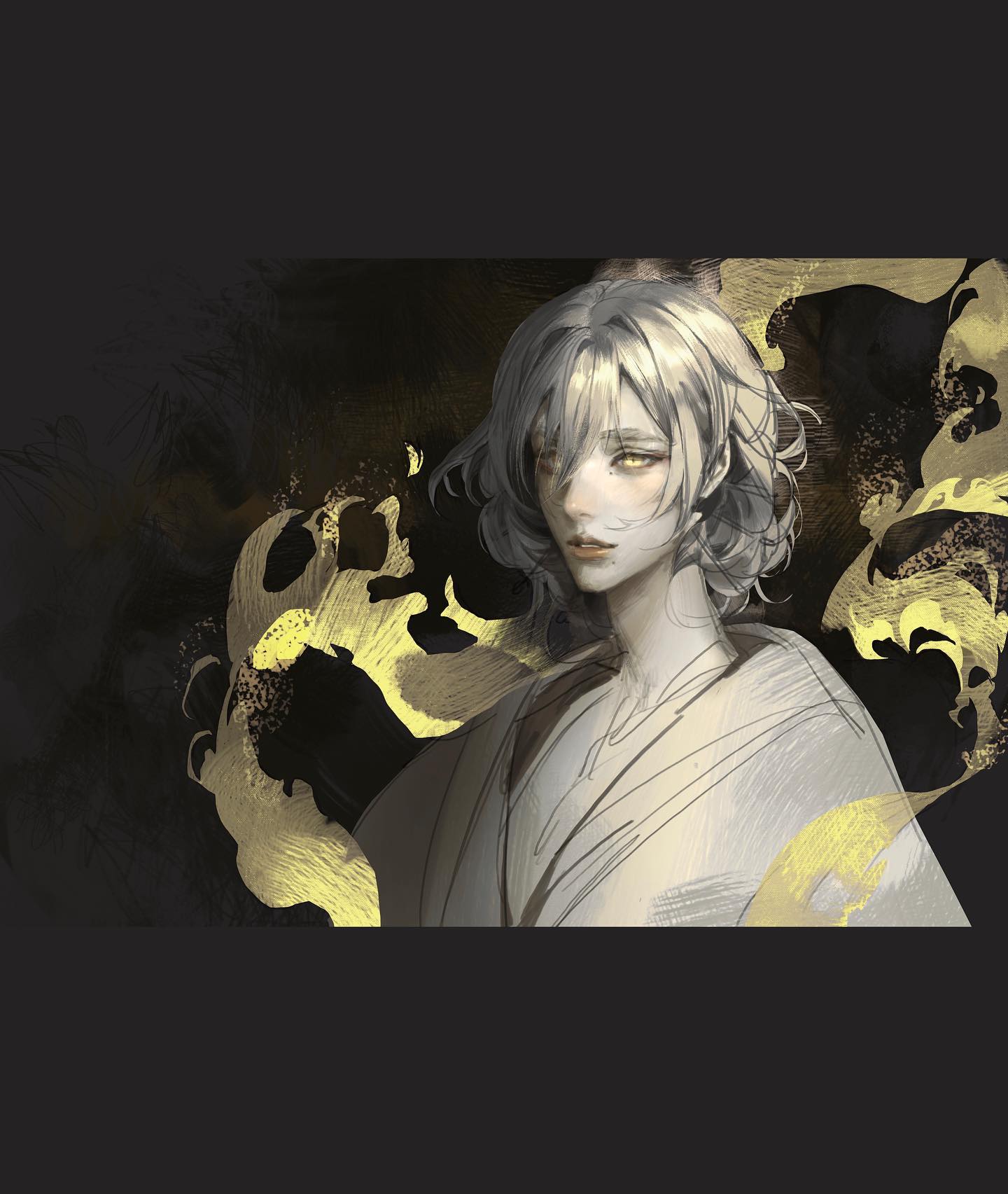 he image showcases a stylized portrait of a young person with white, chinlength hair and pale skin. they are depicted against a dark, almost black background with abstract, swirling patterns in gold resembling stylized flames or fish. the person is wearing a white, loosefitting garment reminiscent of a kimono, rendered with visible brushstrokes. their expression is melancholic and distant. the overall mood of the illustration is ethereal and slightly melancholic. the lighting is soft and focuses on the person, leaving the background largely in shadow.