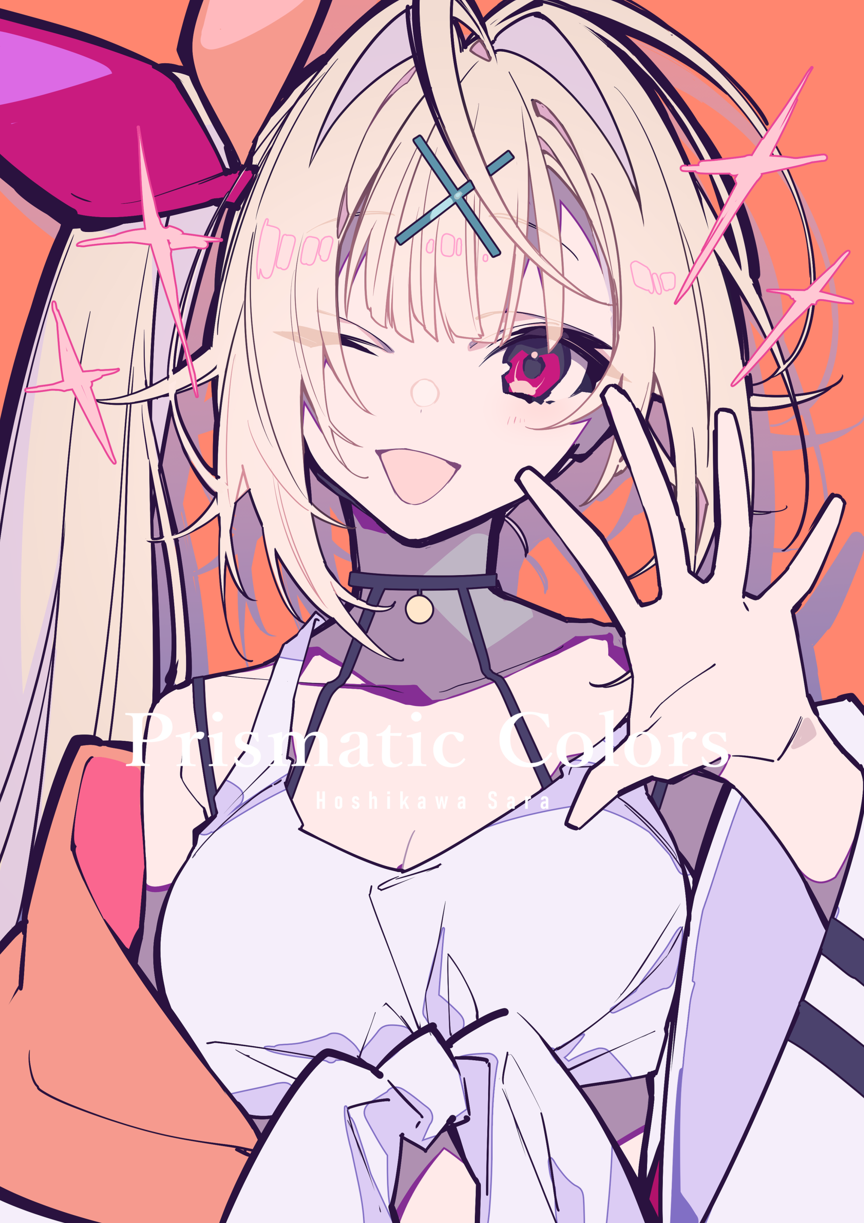 an anime girl with blond hair, pink eyes, and an x hair clip is winking and waving. she is smiling and wearing a white outfit with a collar and a small bell. there is a pink bow in her hair and a title "prismatic colors, hoshikawa sara" written on the image. the background is orange with pink stars. it is an illustration.