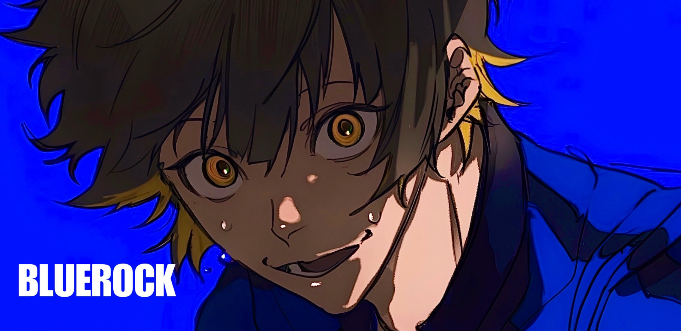 a digital fan art illustration of isagi yoichi from the anime/manga series bluelock. he is drawn with a manic, excited expression. his eyes are wide, and sweat drips down his face as he smiles showing his teeth. he is wearing a blue shirt. the background is bright blue.  the style is characteristic of anime and manga and emphasizes dramatic lighting and contrast.