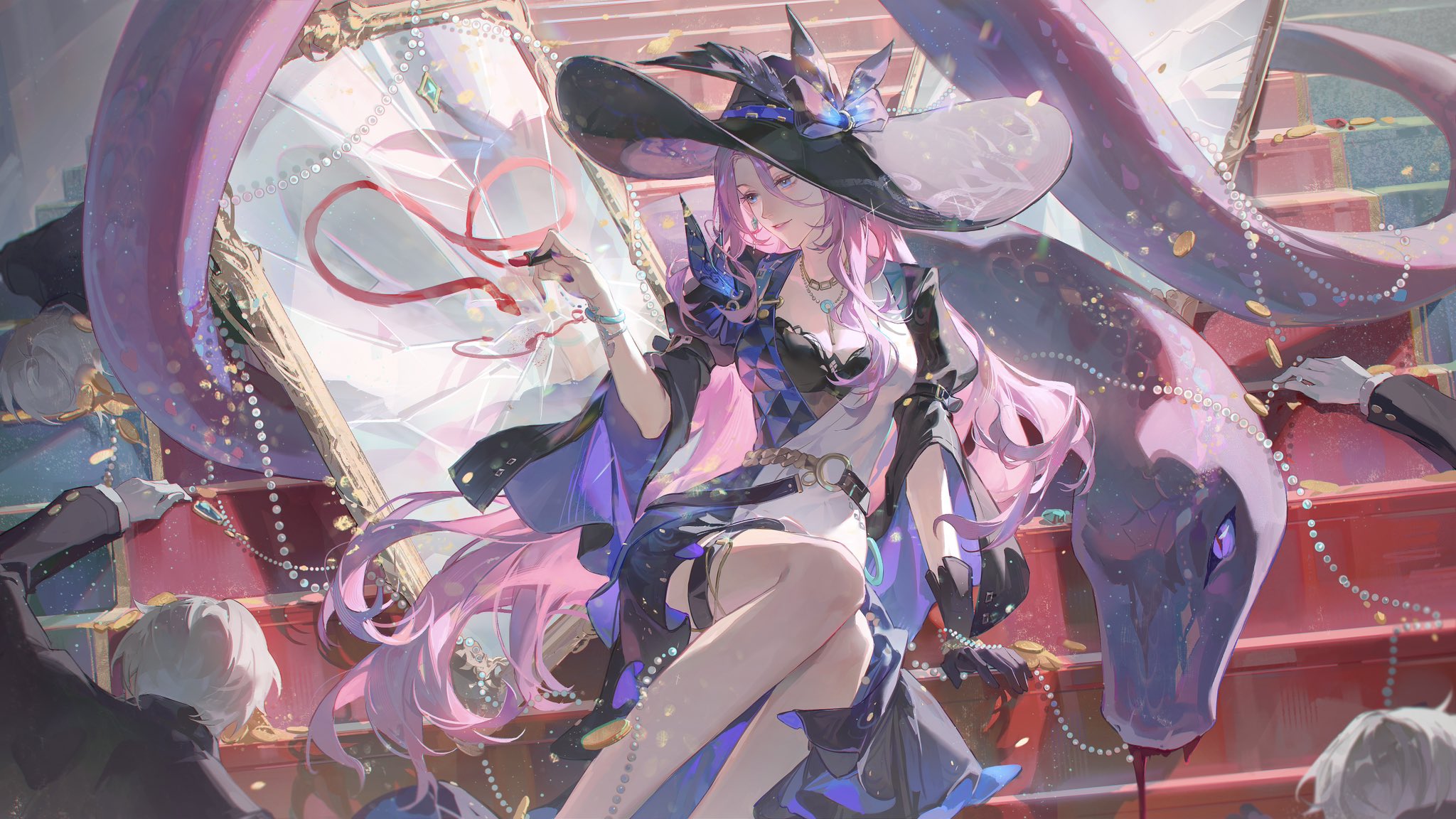 a pinkhaired anime girl wearing a witch's hat and dress. she is sitting on a set of stairs and holding a snake. the image is brightly lit and has a low angle shot. the color palette is mostly pink and purple.