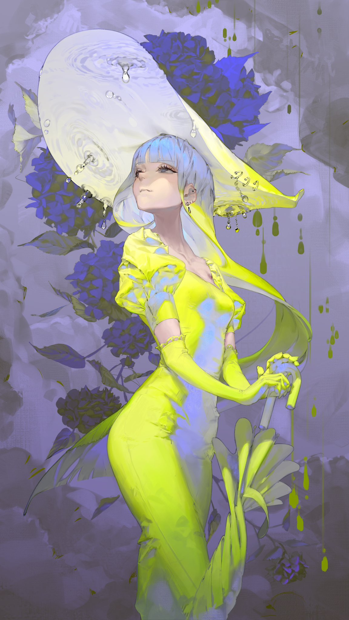 the image features a stylized illustration of a woman in a vibrant yellow dress and an oversized, drooping white hat. she stands gracefully against a backdrop of bluepurple flowers. she accessorizes with long gloves and holds a closed umbrella with dripping embellishments that match her hat. the overall style is ethereal and dreamlike with a soft color palette and slightly abstract background.