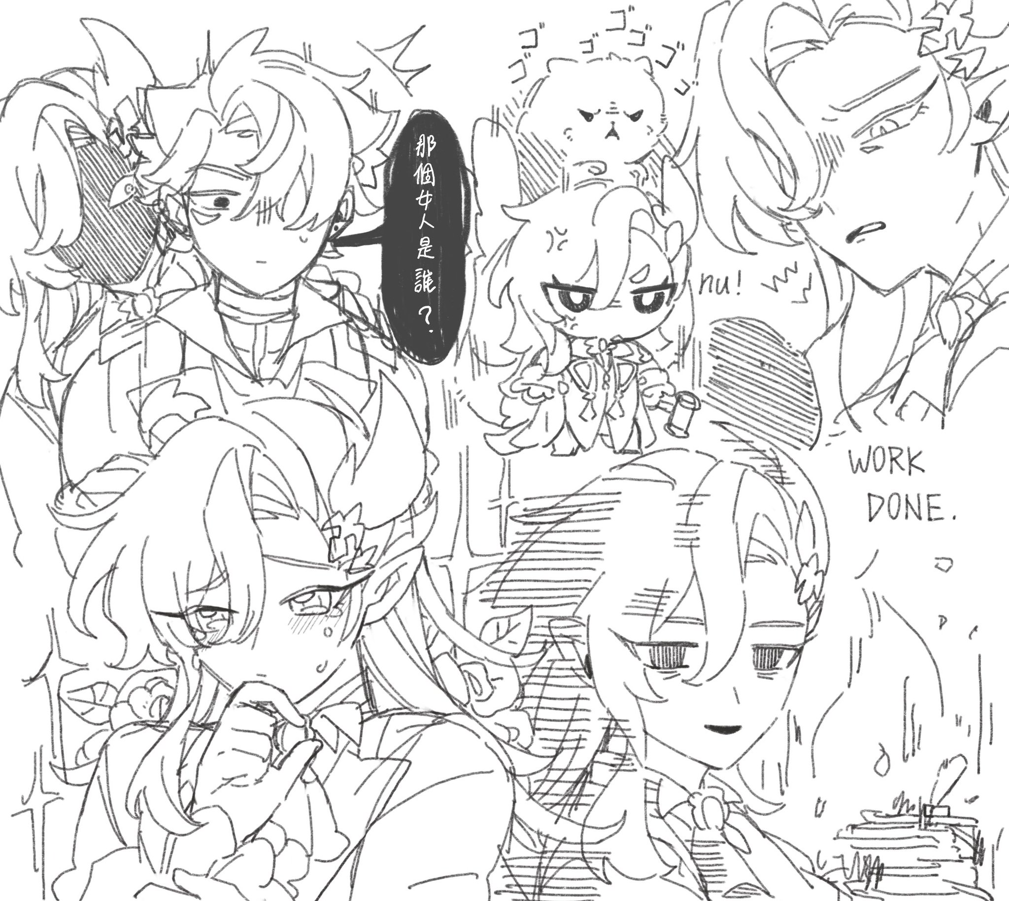 the image is a collection of expressive animestyle character sketches.  the style is loose and sketchy, with a focus on capturing emotion and personality through varying line weights and facial expressions. there are multiple characters, some appearing larger and more prominent than others.  several characters are depicted with long, flowing hair, and varying degrees of clothing styles. one smaller character appears in a chibi style.  one character is shown clearly saying "work done," indicating a possible completion of a task.  the overall aesthetic is whimsical and slightly chaotic, with a blend of cute and more serious or dramatic expressions in the character faces. the sketch shows a range of emotions, from contemplation to exhaustion to playful energy.  the overall composition suggests a quick series of sketches done rapidly and possibly inspired by a single theme or story.