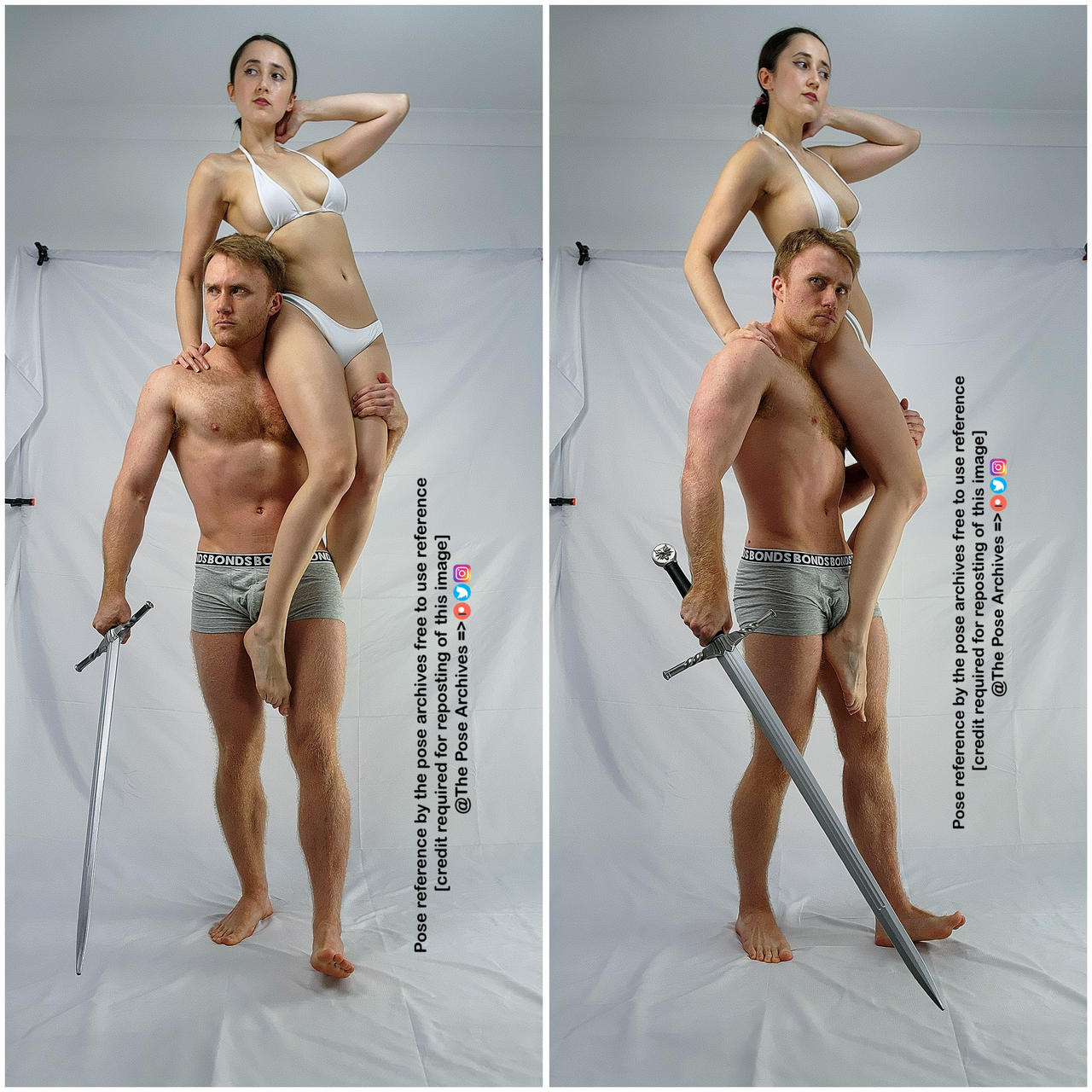 this is a studio photo of a man and a woman posing for a reference photo. the man is standing with a sword in his hand and the woman is sitting on his shoulders. they are both wearing minimal clothing. this is a reference photo for artists.