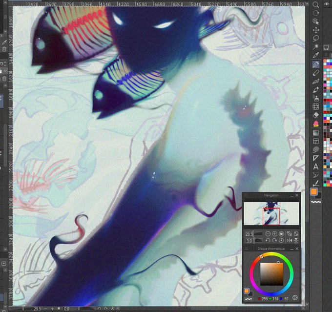 the image is a digital painting of a mermaid underwater. the mermaid is facing forward and her face is not visible. she has long flowing hair and a fishlike tail. there are also several fish swimming around her. the colors in the painting are mostly cool tones, with blues, greens, and purples dominating. the painting has a soft, ethereal feel to it.