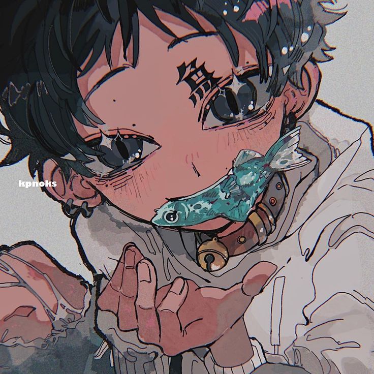 the image is a digital illustration in a style reminiscent of anime and manga, showcasing a closeup portrait of a young person, possibly a boy, with dark hair. the character has pale skin and distinctive stylized features, including large eyes and what appears to be a small tattoo or marking on their face.  they are wearing clothing suggestive of a grunge or alternative fashion aesthetic.  a small, tealcolored fish is held gently in their hand, appearing almost as if it is being offered or held carefully. a belladorned necklace or collar is visible around the character's neck. the overall style is soft yet detailed, utilizing a blend of sharp lines and soft shading to create a unique and aesthetically pleasing visual.  the artist's signature, "kpnoks," is subtly included in the image. the artwork evokes a feeling of gentle curiosity and perhaps a sense of connection between the character and the small fish.