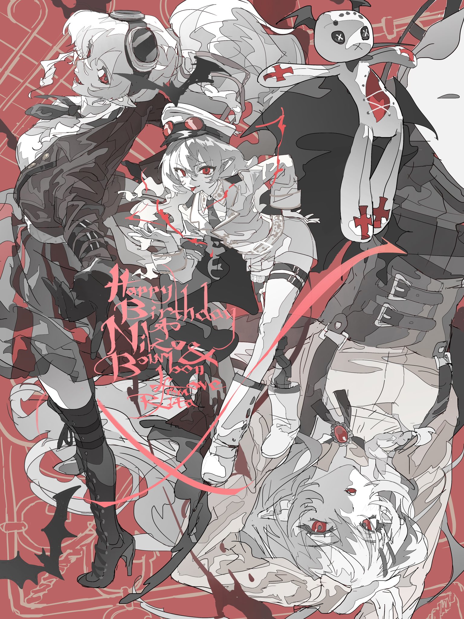the image is a vibrant and intricate digital artwork in a style reminiscent of anime and manga. it depicts a chaotic yet stylish scene featuring several female characters with pale skin, dark clothing, and gothic elements.  they appear to be vampires or similar supernatural beings. their poses are dynamic and overlapping, creating a sense of movement and energy.  the color scheme is predominantly red, black, and white/grey, with splashes of bloodlike red accents.  a small voodoo dolllike figure is also visible, adding to the overall gothic and mysterious atmosphere.  text overlay reads "happy birthday niko & bombar  1st october," suggesting it's a birthday celebration artwork. the overall style is detailed, messy in a deliberate way, and visually captivating.