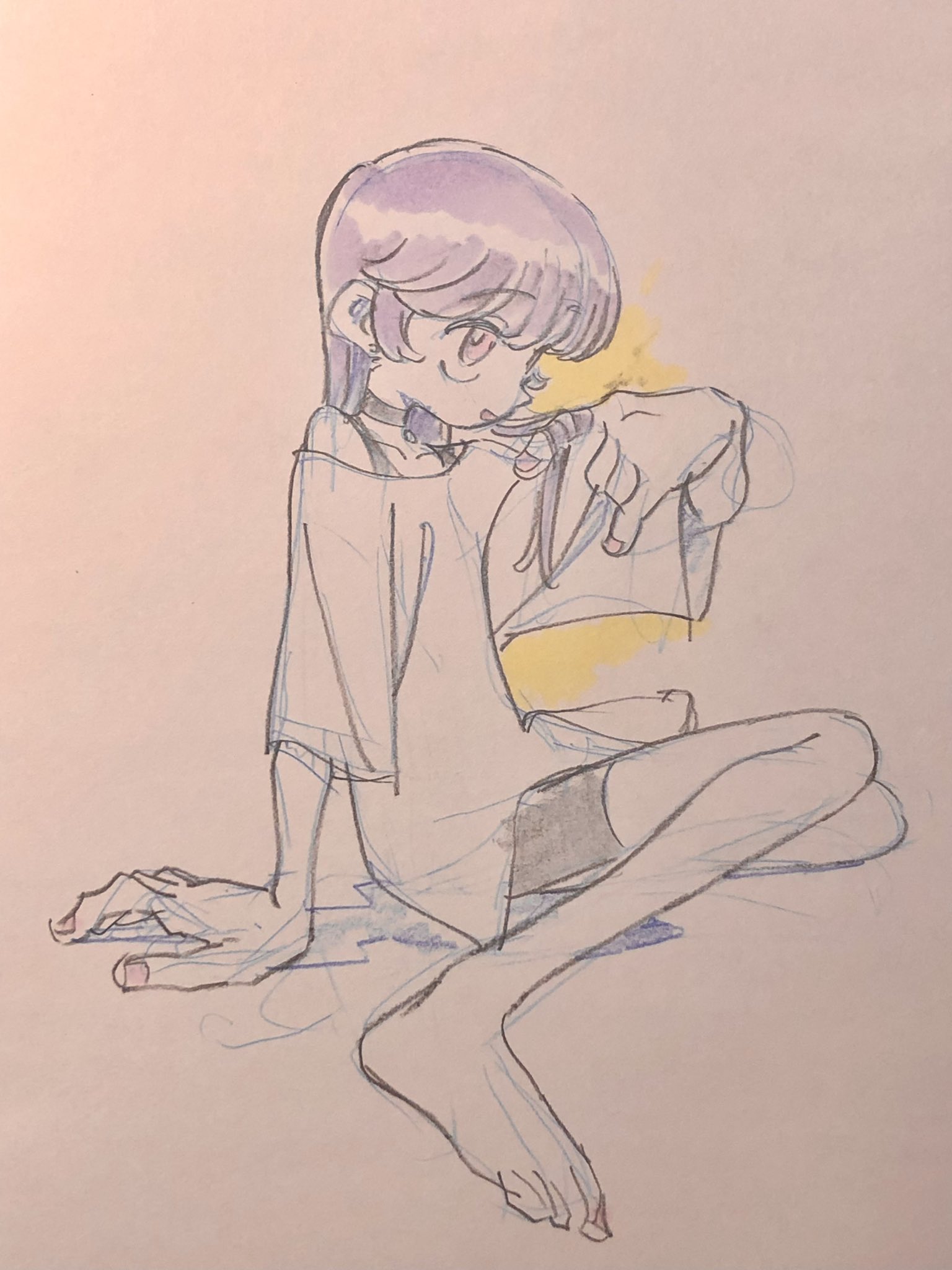 a softly lit, pencil sketch of a young girl with short, choppy purple hair. she's wearing a loosefitting tshirt and shorts, sitting on the floor with her legs bent. her pose is relaxed and casual as she looks off to the side.