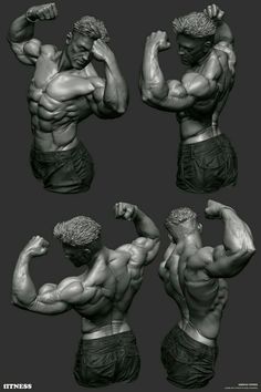 the image presents four different views of a meticulously sculpted male figure. the figure is incredibly muscular, emphasizing human anatomy and musculature, making it likely a study for artists. the grayscale palette highlights the play of light and shadow, further accentuating the figure's form. the poses are dynamic, capturing the body in various states of tension and showcasing different muscle groups.