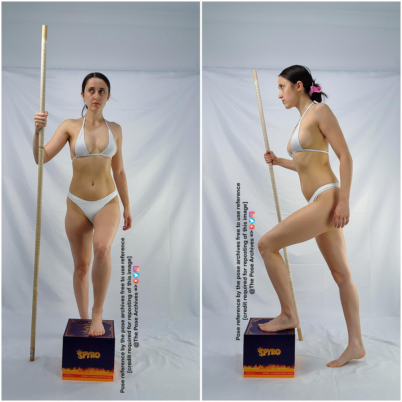 a woman in a white bikini poses in two different stances against a plain white background. she holds a long wooden staff in her right hand. in both poses, her left foot is elevated on a black box with the word "spyro" visible. the images are designed as reference material for artists, with text indicating free use with credit.