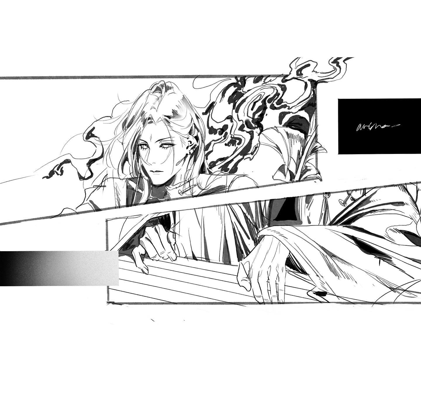 the image is a black and white mangastyle drawing of two characters. the top panel shows a closeup of a character with long, flowing hair and a determined expression. their eyes are sharply drawn, adding to their intensity. the bottom panel features the hands of two characters, seemingly interacting with a long, thin object, potentially a musical instrument or a weapon. the art style is dynamic with bold lines and detailed shading, particularly in the hair and clothing. the background is abstract and unclear, focusing the viewer's attention on the characters and their actions. the high contrast lighting adds to the dramatic atmosphere of the scene.