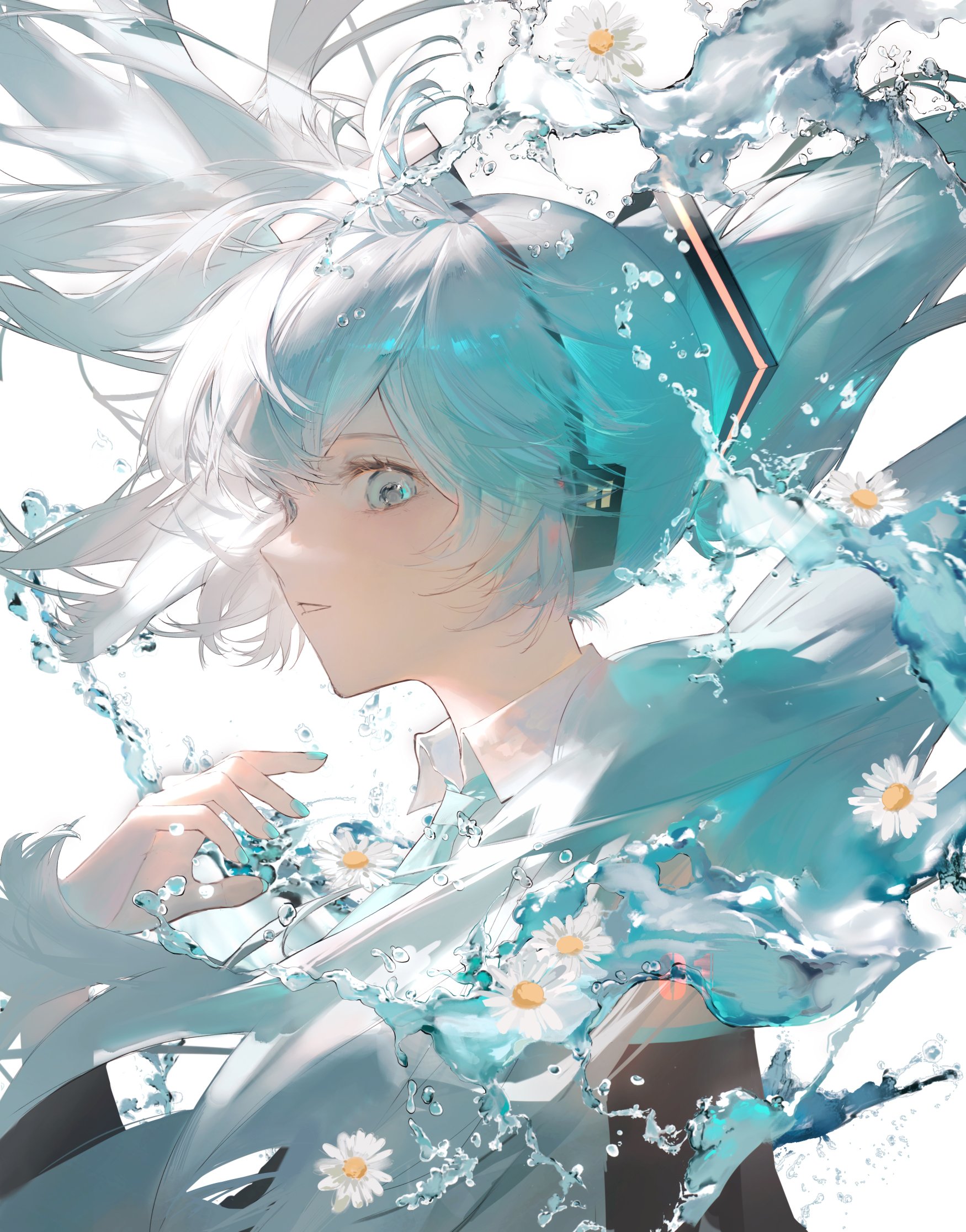 the image is a digital painting or illustration of an animestyle girl.  she has long, flowing white and light blue hair that appears to be partially submerged or surrounded by a splash of vibrant aquacolored water.  daisies float amidst the water droplets. she is wearing headphones and a lightcolored, possibly white, collared shirt or jacket. the overall style is ethereal and serene, with soft lighting and a dreamy atmosphere. the artwork suggests movement and fluidity, emphasizing the girl's hair and the water around her.  the style strongly resembles anime/manga art. the girl bears a slight resemblance to the popular virtual singer hatsune miku, though it is not an exact depiction.
