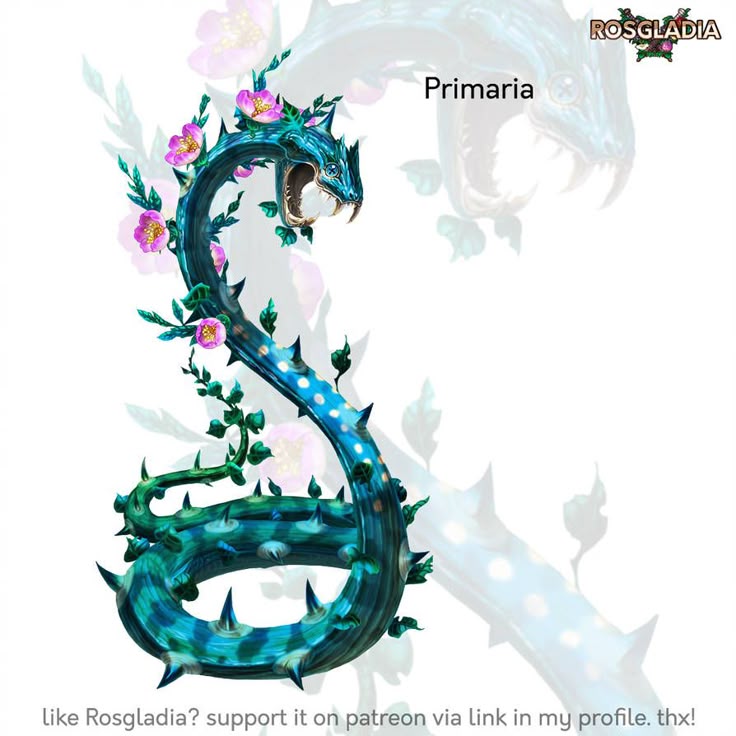 the image shows a fantastical creature, a snakelike dragon intertwined with a thorny rose vine. the creature is predominantly blue and green with sharp spikes along its body. pink roses bloom along the top of its neck. in the background, there is a faded image of another similar creature. the words "rosgladia" and "primaria" are visible. at the bottom, there is a text promoting support on patreon.