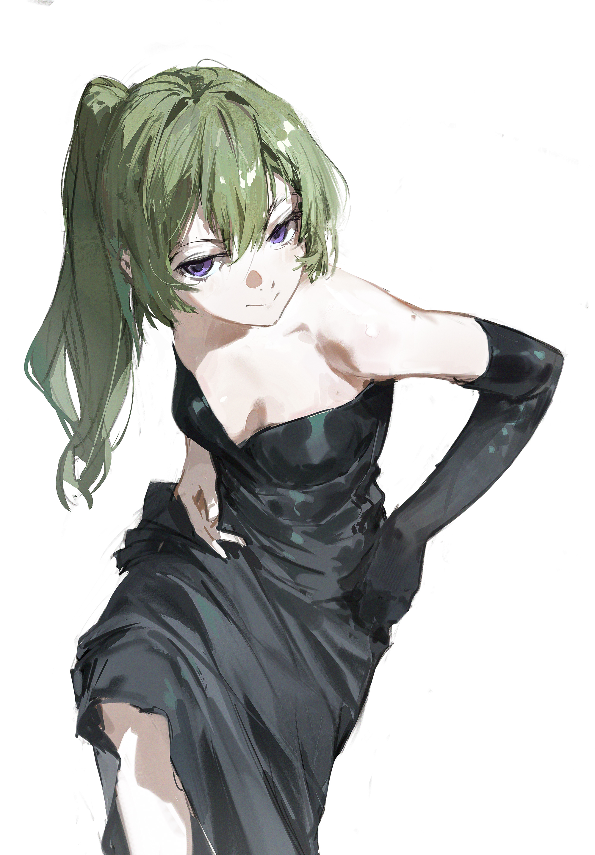 this is a digital illustration of an anime girl wearing a black dress and long black gloves, she has long green hair tied back into a ponytail and purple eyes. she is looking down and the background is white. the illustration is drawn in a style reminiscent of anime and manga.