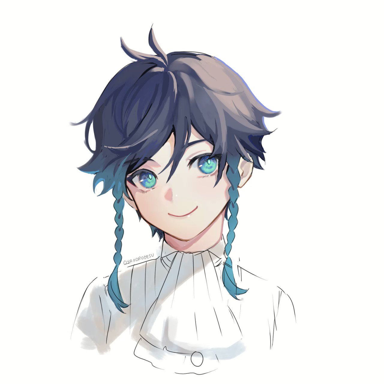 a digital illustration of a young anime boy with blue hair and green eyes, smiling gently. he has a white shirt with a high collar and is wearing a pair of blue braids. the background is white.