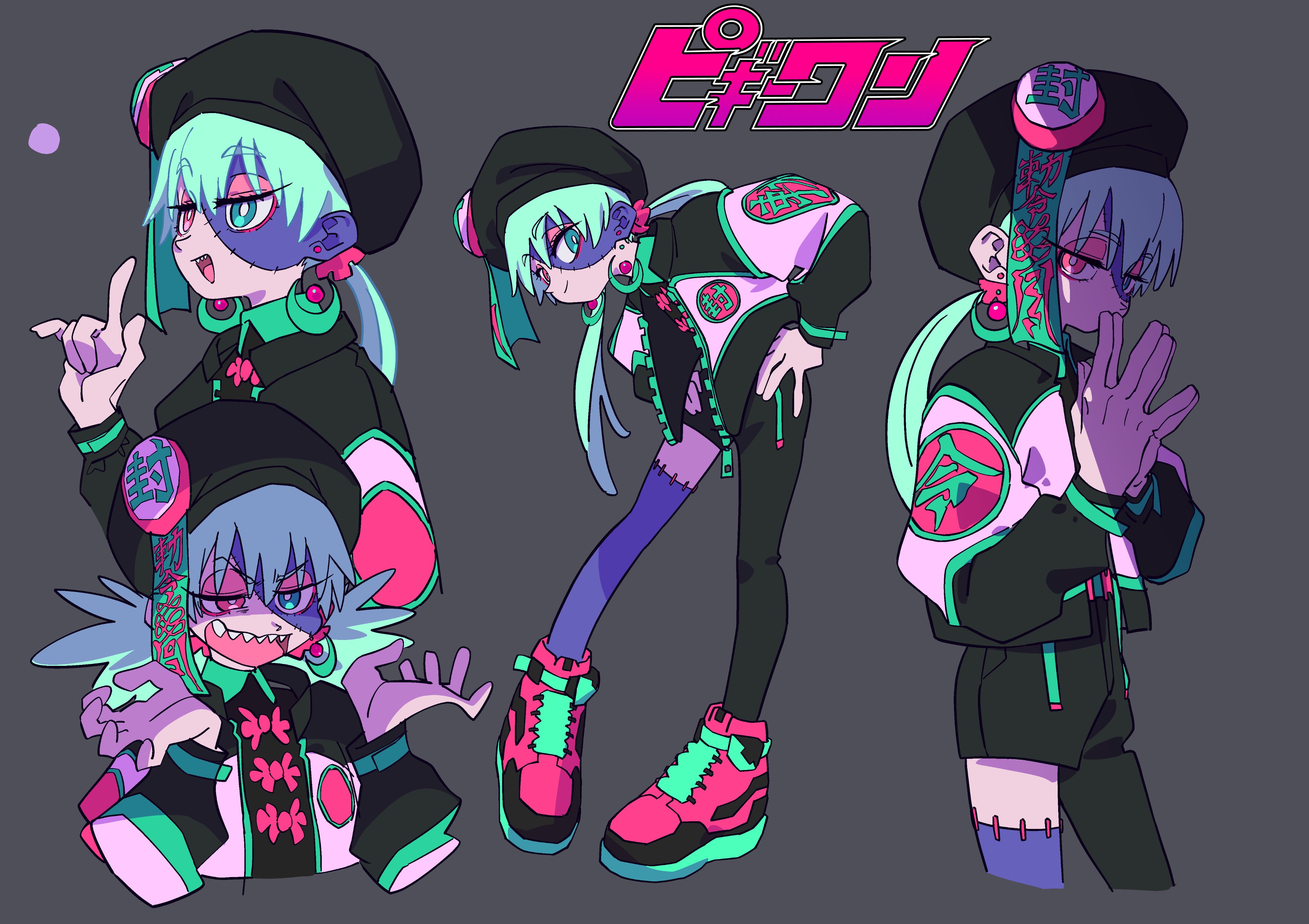 the image showcases character design concepts for a female character, possibly from an anime or manga, with a cyberpunk streetwear style. the character, a girl with mint green hair and vibrant attire, is depicted in various poses and angles, highlighting her unique fashion sense and edgy accessories. her outfit features a black and neon green jacket, pink and black sneakers, and a black beret. notable details include an eye patch, headphones, and fangs. the vibrant color palette and dynamic poses create a visually striking and memorable character design.