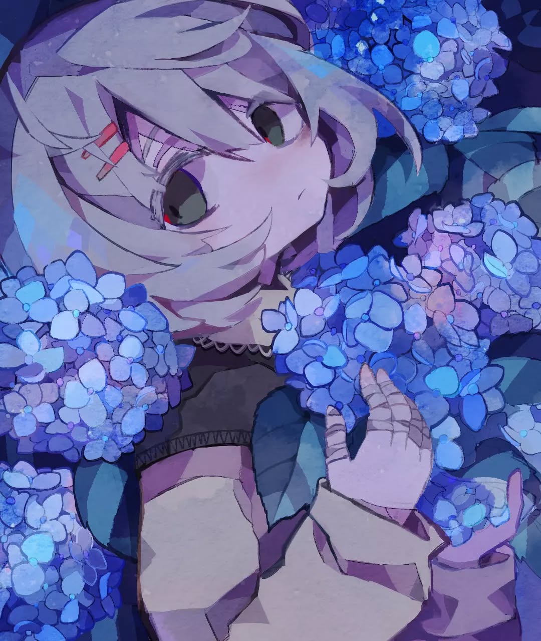 the image depicts a stylized anime girl with long, pale purple hair, lying amidst a profusion of vibrant blue hydrangeas. she has pale skin, and her eyes are partially closed, conveying a serene and dreamy atmosphere. she appears to be wearing a  purple and teal colored outfit with a lace collar detail. the overall style is soft and ethereal, with a focus on pastel purple and blue hues.  the girl's expression is calm and peaceful, and her hand gently rests amongst the flowers. the digital painting has a painterly texture with visible brush strokes. the overall mood is one of tranquility and gentle beauty.