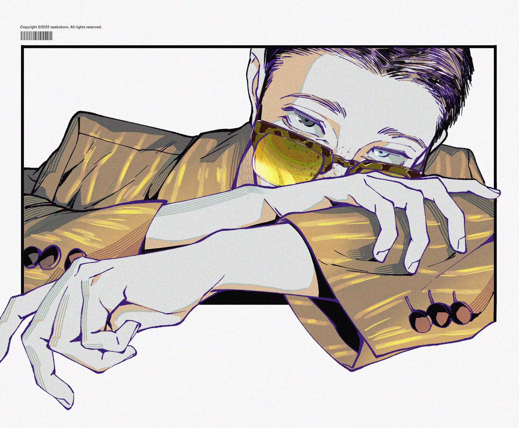 the image is a stylized illustration of a man's upper body. he is wearing a patterned yellow jacket and  distinctive sunglasses with yellow lenses. his arms are folded in front of him, and he gazes directly at the viewer with a cool, almost challenging expression. the artwork has a graphic novel aesthetic, using bold lines and contrasting colors. the background is a simple white, drawing focus to the subject.