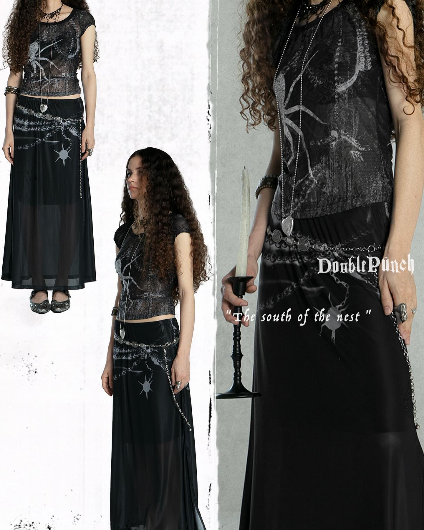 he image shows three different shots of a model wearing a gothicinspired outfit. the outfit consists of a sheer black maxi skirt and a black top with a spiderweblike print. the model also wears silver jewelry. the overall aesthetic is dark, mysterious, and elegant.  the background is a simple white studio setting.  text overlayed on the image suggests a collection or brand name ("doublepunch") and a thematic caption ("the south of the nest").  the images showcase the outfit from different angles and on different models, likely to showcase the styling and fit of the garments.