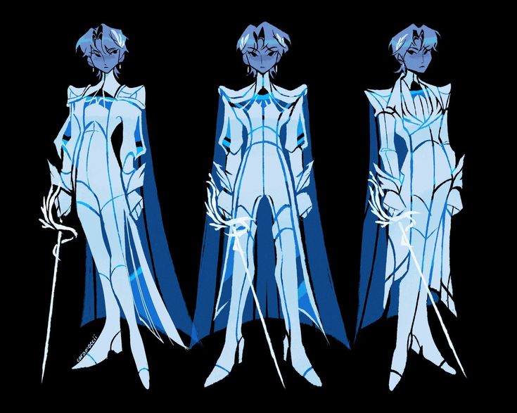 an illustration of three male anime characters standing side by side. they are all wearing blue and white cloaks and holding swords. the image is done in a digital art style.