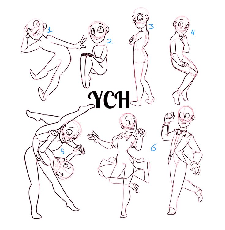 the image shows a ych (your character here) sketch, with six different poses of characters. the poses range from casual to romantic, with a couple of dancing poses included. the lines are clean and simple, making it easy to use as a reference or base for drawing your own characters.