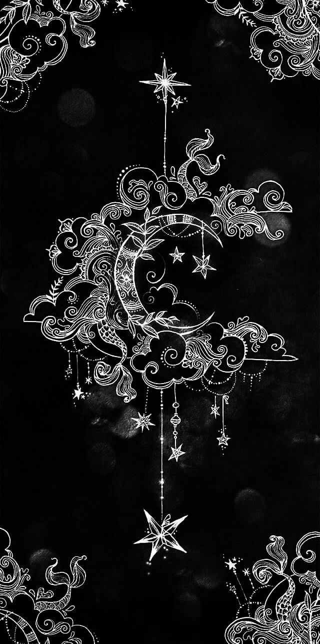 a black and white drawing featuring a crescent moon nestled among clouds, with stars and ornate decorative elements. the drawing has a whimsical, dreamlike quality and an ethereal feel. the overall composition gives a sense of the night sky and celestial themes.