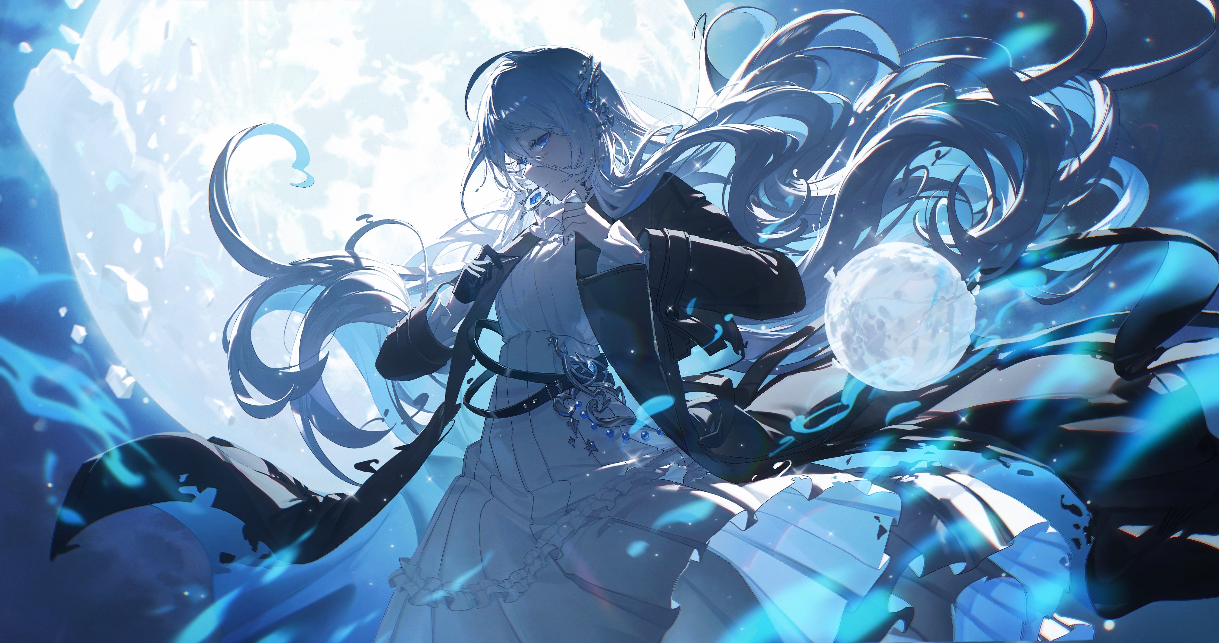 an animestyle image features a young woman with long, flowing white hair and blue eyes. she is wearing a long white dress and a dark coat. behind her is a large, bright moon, and she holds a glowing orb in front of her. the scene has a fantasy and magical atmosphere, with a dark night illuminated by moonlight and flowing, stylized elements.