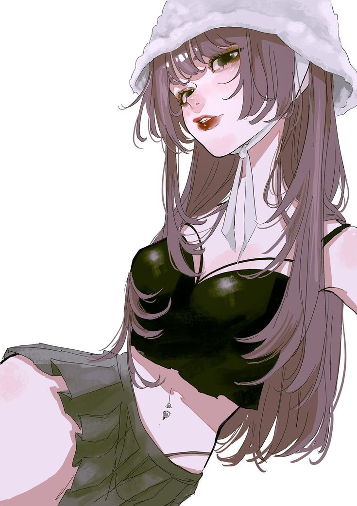 the image is a digital drawing of a young animestyle girl.  she has long, purple hair, and is wearing a white bucket hat, a black crop top, and a dark green pleated skirt.  she has a belly button piercing. her expression is somewhat coy, and she is posed in a slightly seductive manner. the art style is soft and slightly muted in color palette, with a focus on linework and shading to convey texture and form. the overall aesthetic leans towards modern and fashionable.