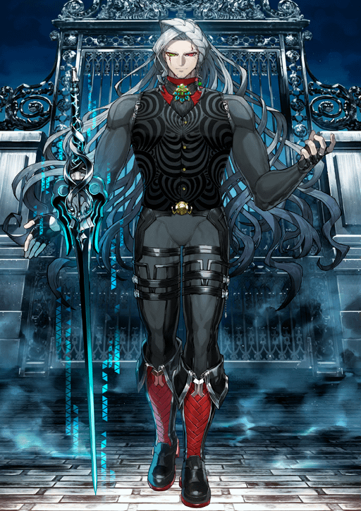 a full body shot of a male character in an anime art style. he has long, flowing white hair and heterochromia (different colored eyes). he is wearing a black vest over a red undershirt, dark pants with multiple straps, and black shoes with red detailing. he is holding a sword with an ornate design. in the background is an ornate gate, suggesting a gothic or fantasy setting.