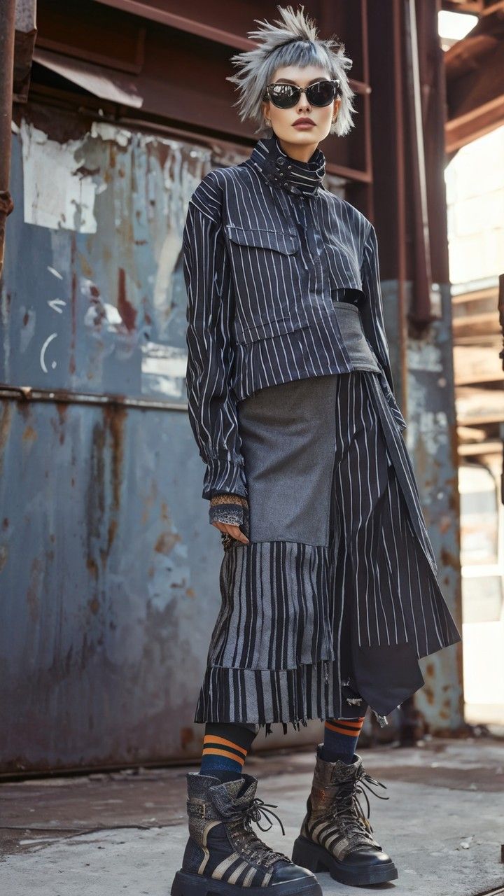 a woman stands in an urban setting, showcasing a unique and edgy fashion style. she wears a striped jacket with a high collar and a cropped cut, paired with a multilayered skirt featuring stripes and solid gray fabric. the outfit is completed with chunky black boots and orange and grey striped socks. she sports sunglasses and has short, spiked grey hair. the background includes industrial elements, adding to the overall urban and unconventional aesthetic.