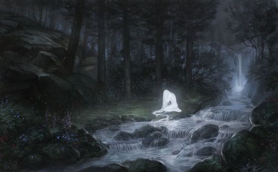 a digital painting showcasing a dark, ethereal forest at night. a stream cascades over rocks in the foreground, leading to a soft, glowing waterfall in the background. a woman, seemingly made of moonlight, sits in a contemplative pose on the bank of the stream. her long, white hair flows around her, almost mimicking the movement of the water. the overall ambiance is mystical and serene.