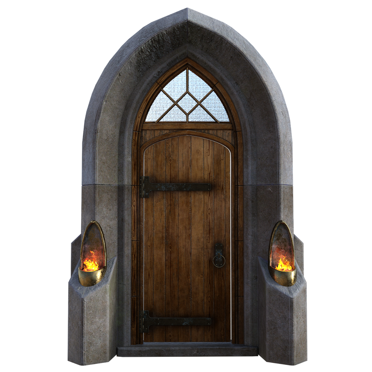 a gothicstyle stone door with an arched frame and a wooden door. there's a small window above the door with a grid pattern. two stone sconces with burning torches are on either side of the door. the background is black.